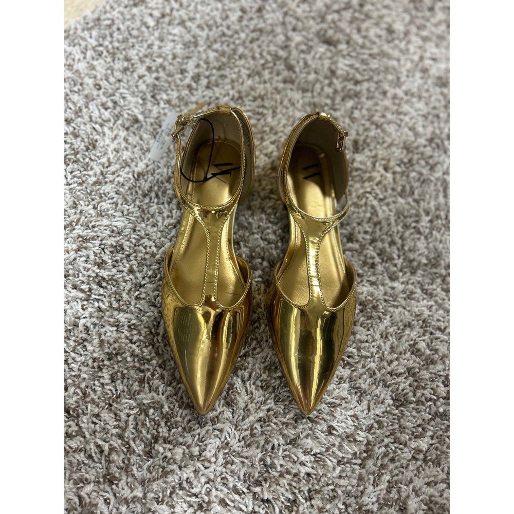 Worthington Gold Metallic T-Strap Pointed Toe Flats Shoes Womens 6M New